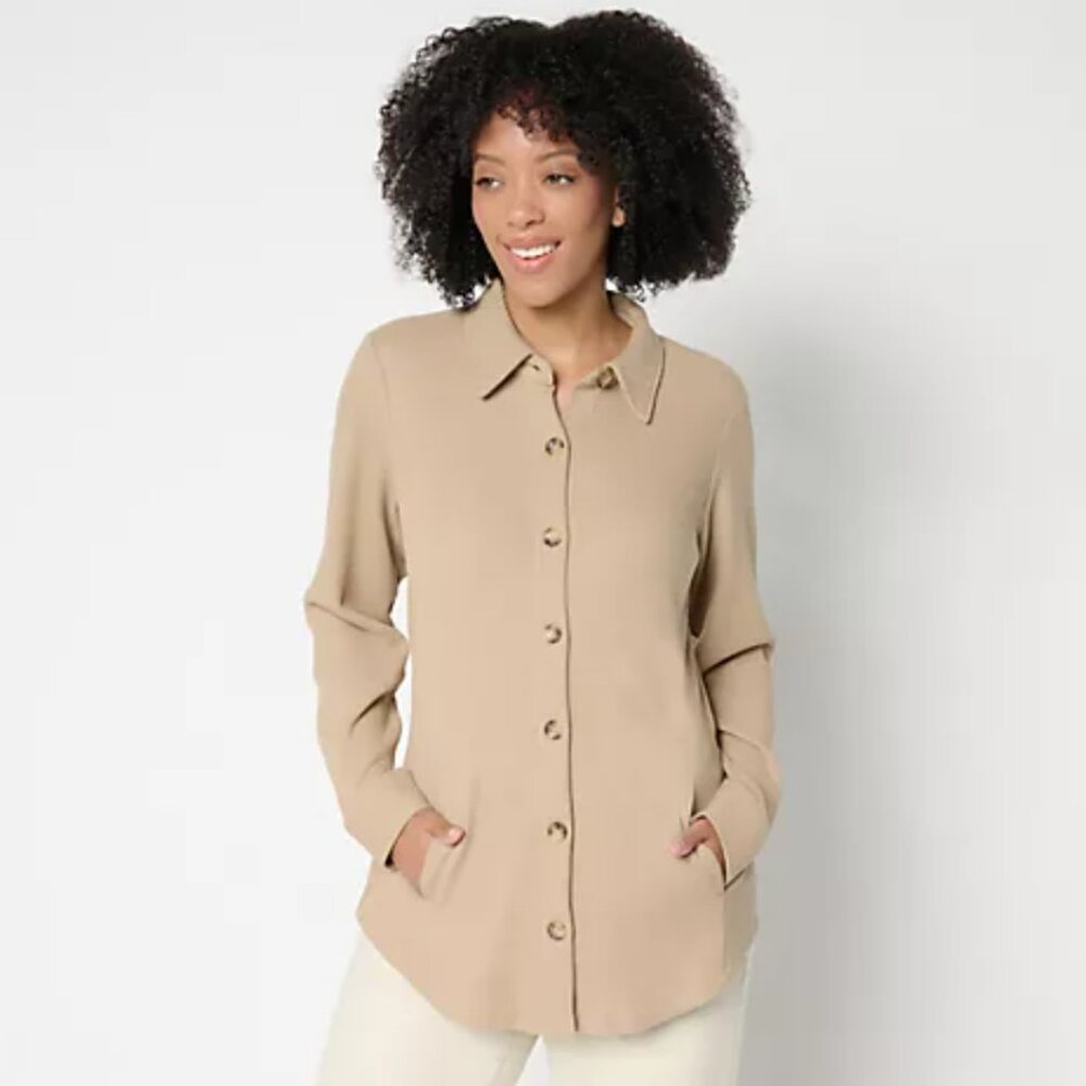Belle by Kim Gravel Pet Waffle Knit & Jersey Button Front Top Beige PXL A694611